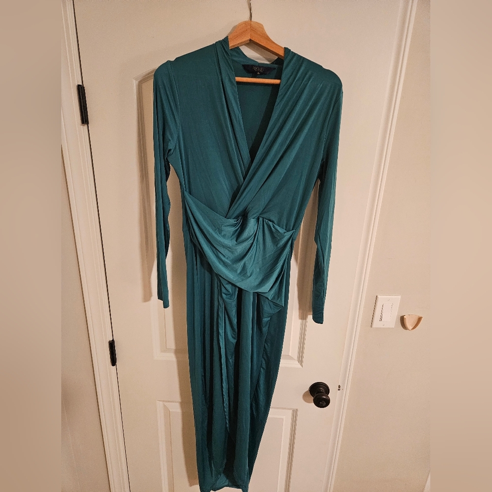 Teal Long-Sleeve Wrap Midi Dress with Draped Detail - Elegant and Flattering